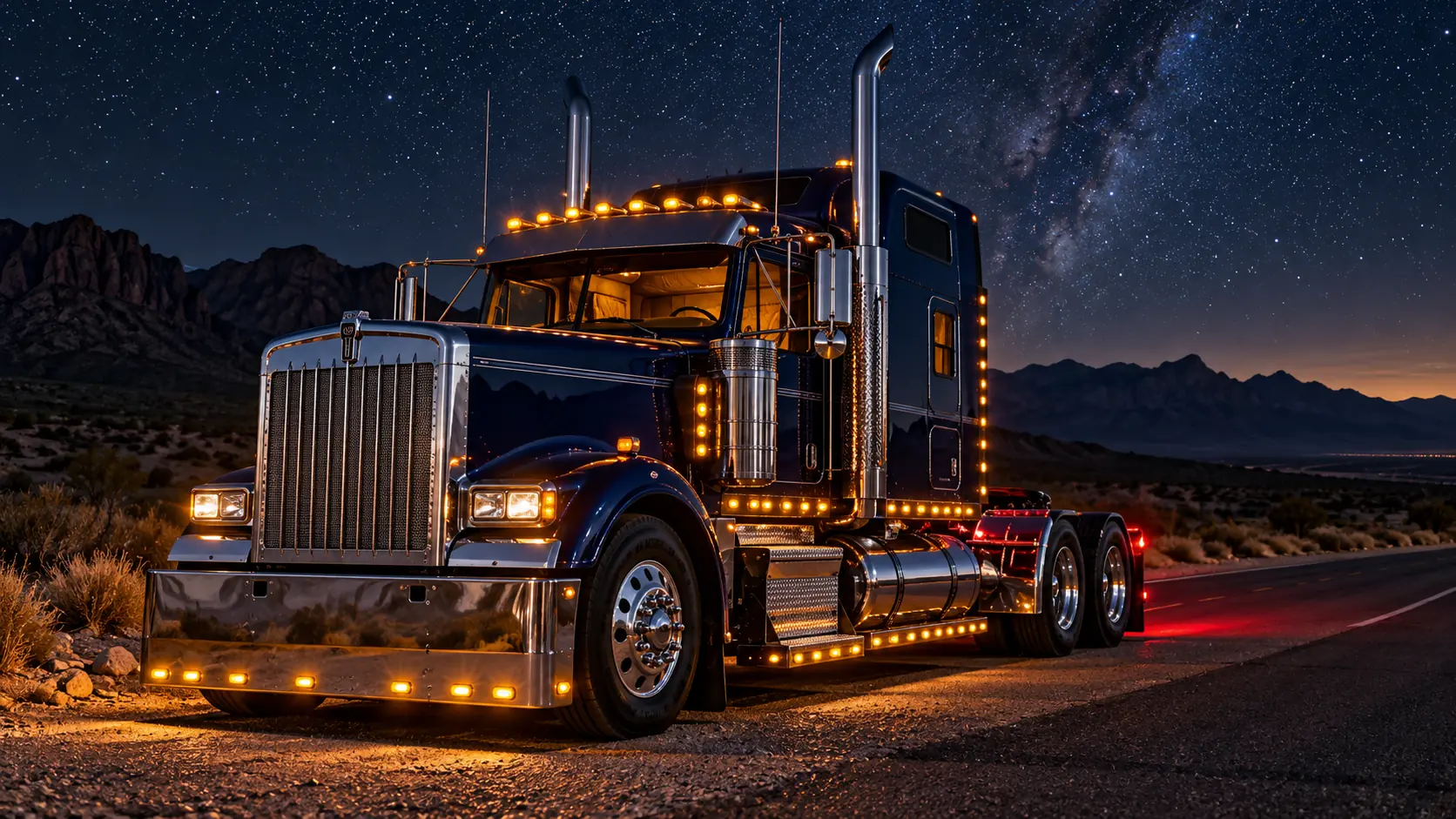 Tractocamión Kenworth con luces ámbar encendidas de noche en carretera de Chihuahua
