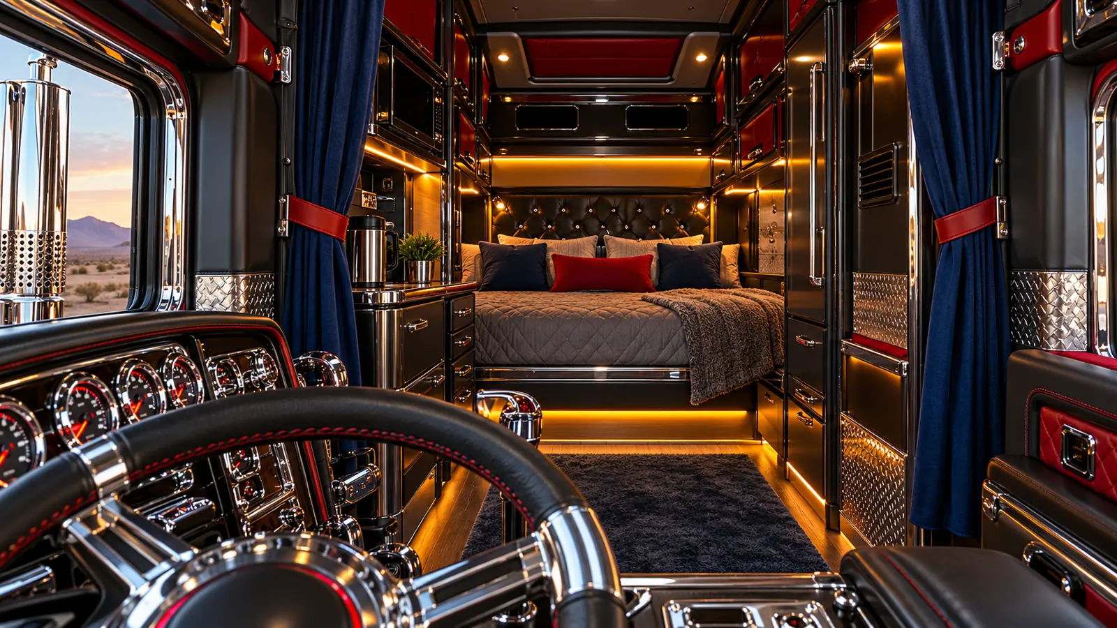 Interior de una cabina cama de tractocamión con iluminación LED ámbar